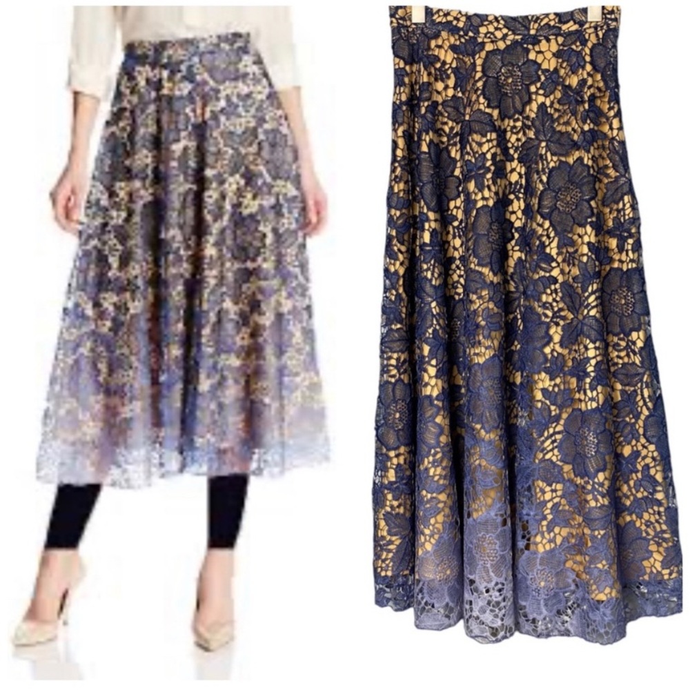 Eva Franco Anthropologie Blue Ombre Crochet Lace Full Midi Floral Lined Skirt 4